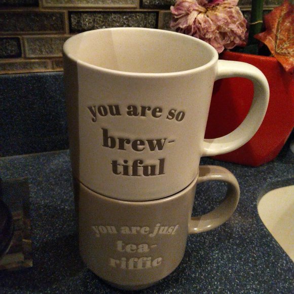 Set of 2 Stackable Coffee Tea Mug Set Brew-tiful Tea-riffic Microwave d/w safe - Picture 3 of 9
